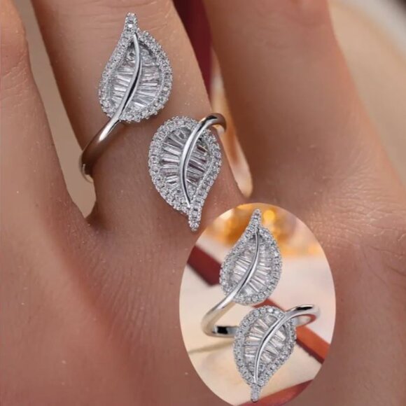 Private Label Jewelry - NEW Silver Plated Pave and Baguette Crystal Leaves Ring OS Adjustable